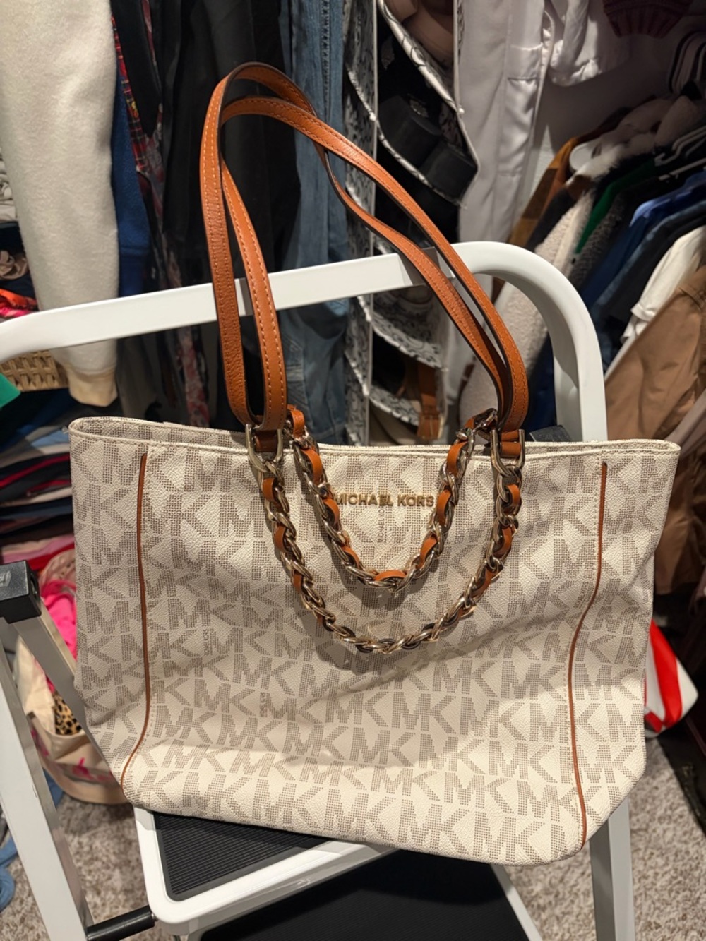 Michael Kors Cream Signature Tote with Tan Trim and Chain Handles